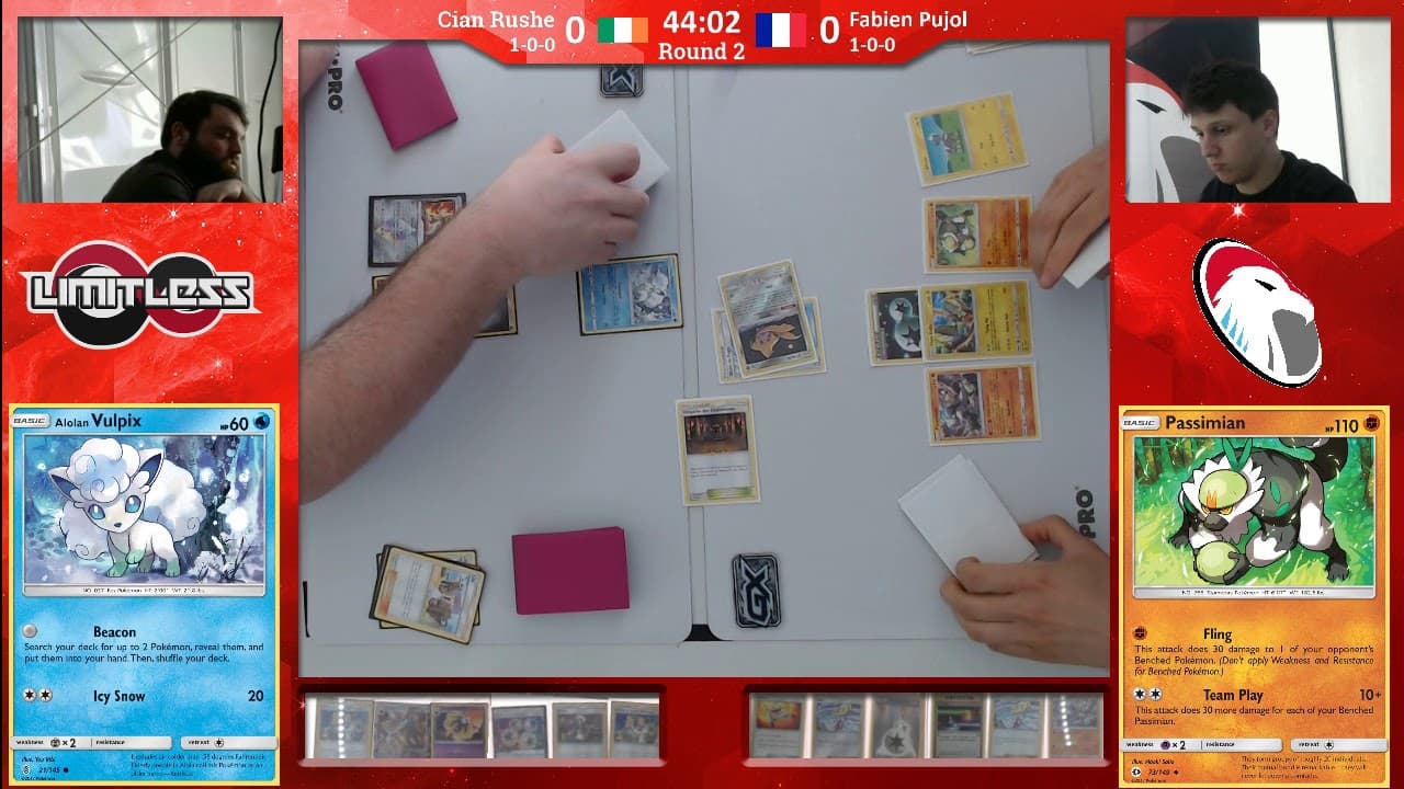 Clean match-start frame for Cian Rushe versus Fabien Pujol